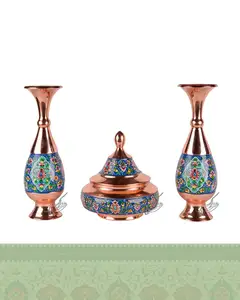 ست بشقاب پرنده و گلدان مس و پرداز
