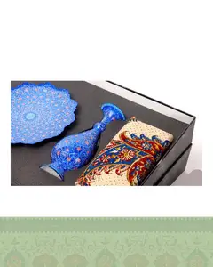 ست بشقاب و گلدان مینا کاری و سفره قلم زنی