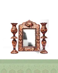 ست آینه و شمعدان الماس تراش مسی