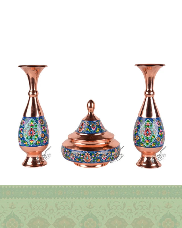 ست بشقاب پرنده و گلدان مس و پرداز