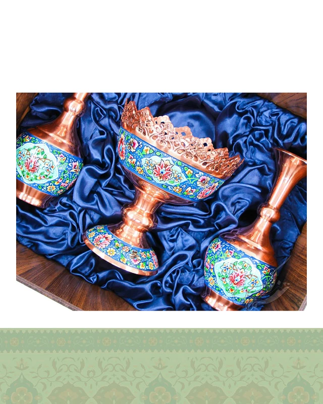 ست آجیل خوری و گلدان مس و پرداز