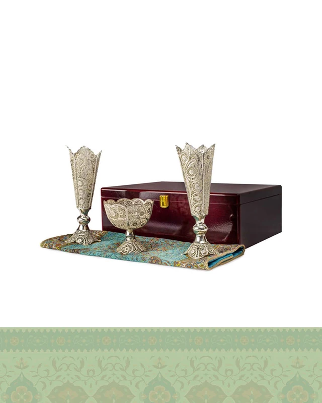 ست گلدان و آجیل خوری ملیله کاری