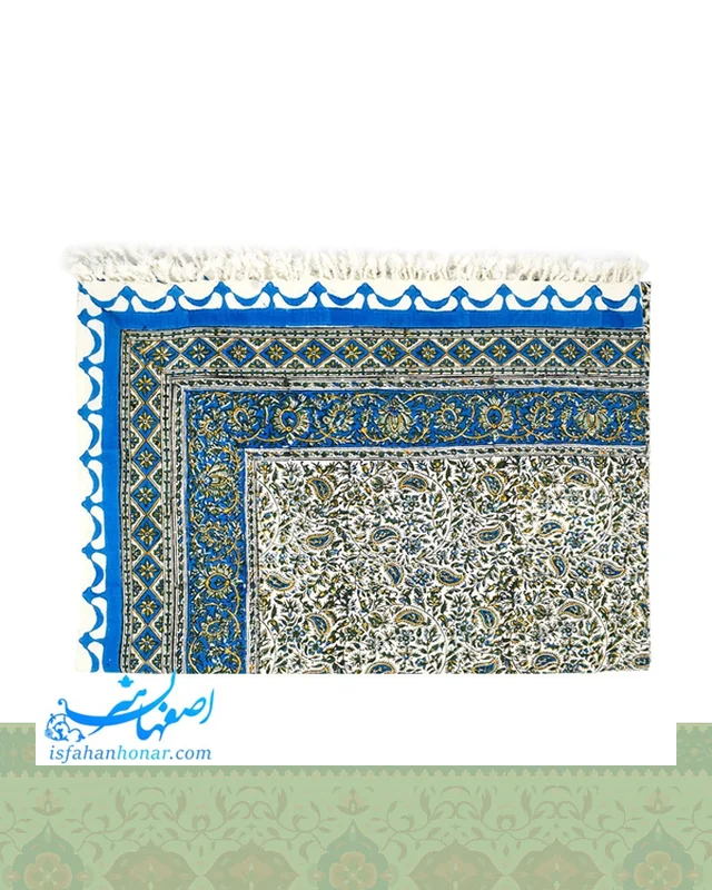 عکس رومیزی قلمکار گل و بوته آبی 200×135 سانتیمتری