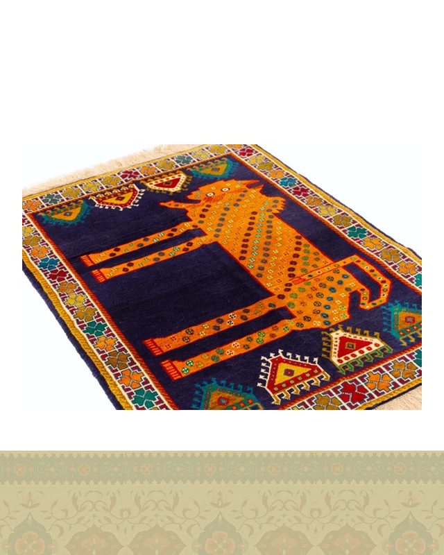 خرید گبه دستباف قشقایی شیر سنگی سرمه ای کد 2595 (149 در 111) از ایران