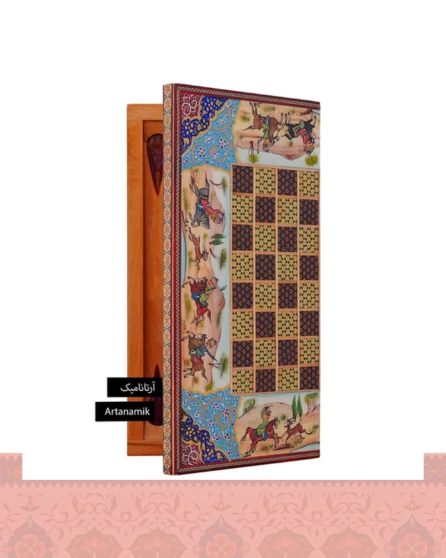 خرید تخته نرد خاتم کاری شده طرح چوگان و شکارگاه از ایران