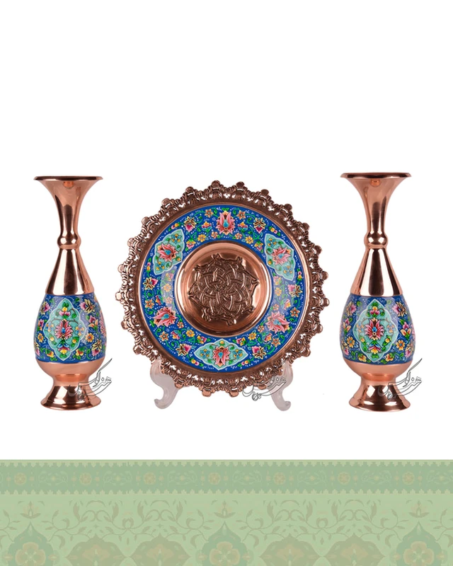 ست بشقاب و گلدان مس و پرداز