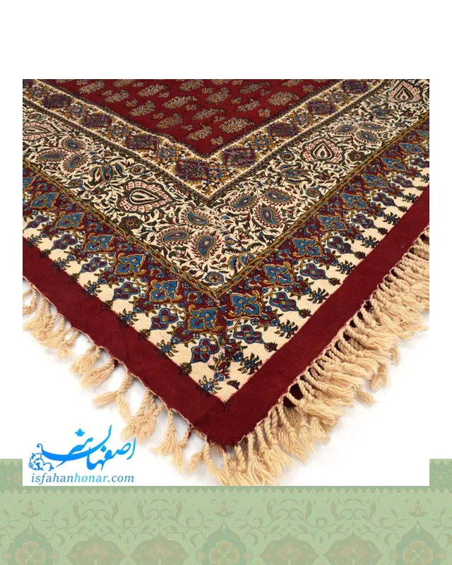 سفره قلمکار صادراتی زمینه زرشکی ابعاد 120×120 سانتیمتر در دیارلند