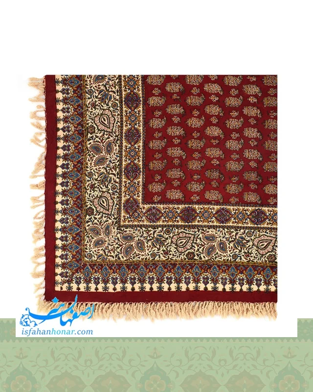 خرید سفره قلمکار صادراتی زمینه زرشکی ابعاد 120×120 سانتیمتر در اروپا و آمریکا