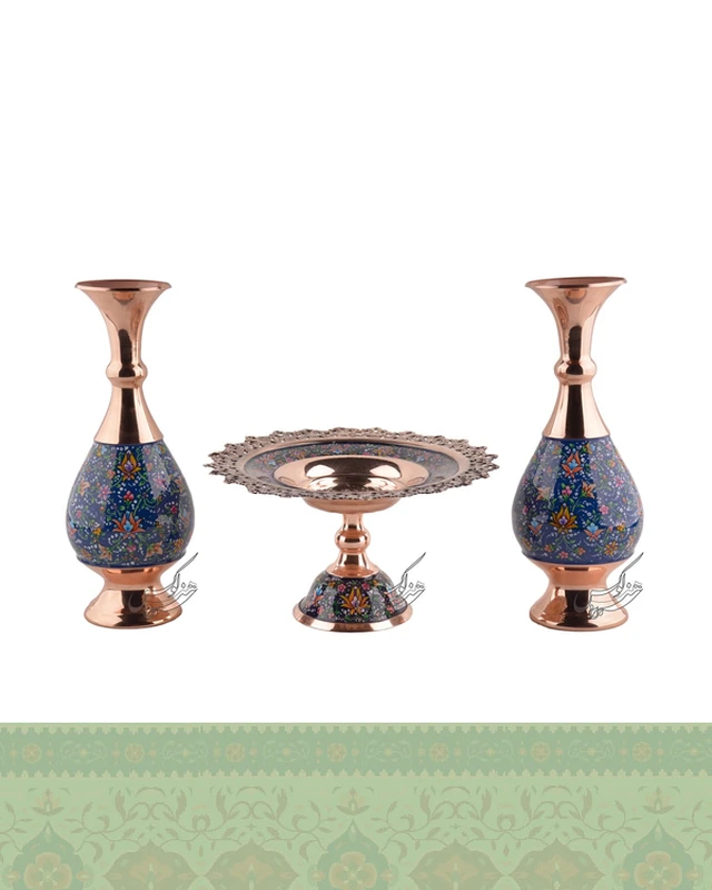 ست دکوری مسی پرداز شیرینی خوری و گلدان متوسط
