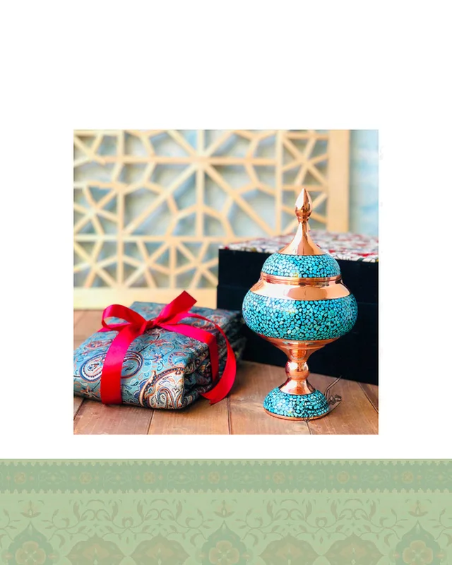 ارسال و فروش ست شکلات خوری فیروزه کوبی 24 و رومیزی ترمه در خارج از کشور