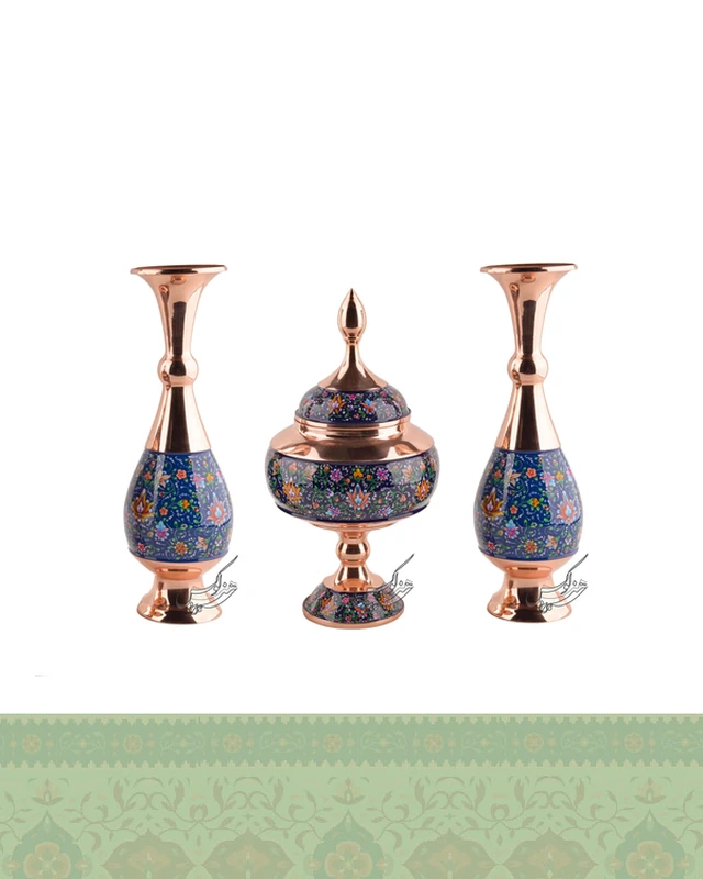 ست شکلات خوری و گلدان مس و پرداز