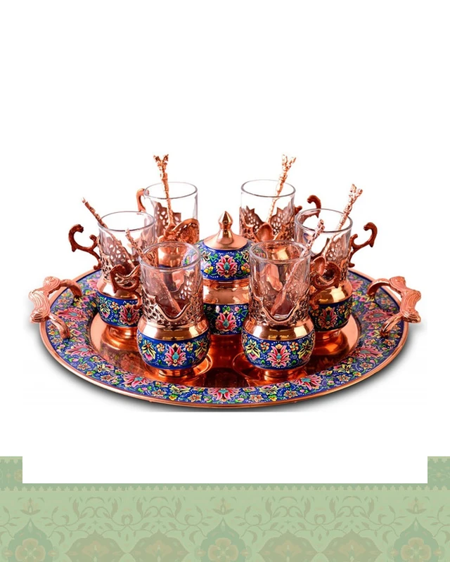سرویس چای خوری سینی گرد مس و پرداز
