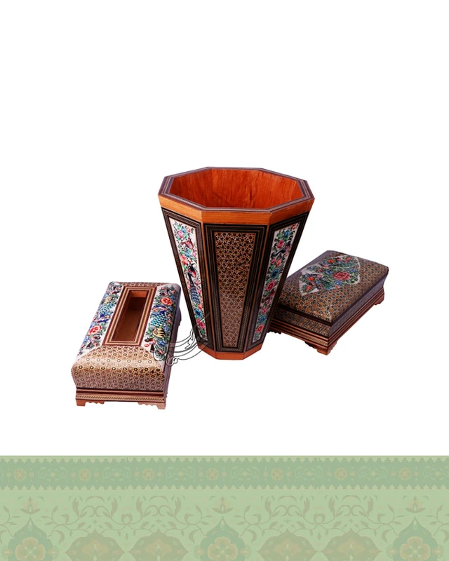 ست جا دستمال و قاشق و سطل خاتم کاری